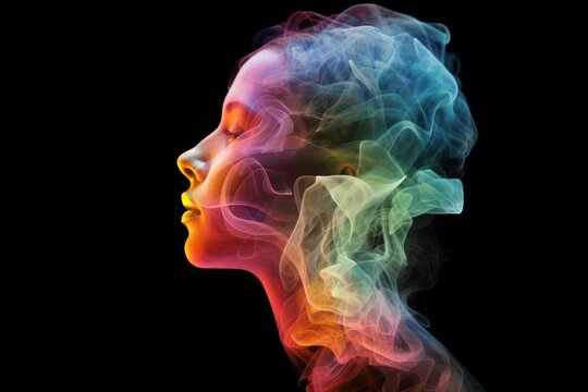 double exposure portrait of a beautiful woman with multicolored flow, ai generated image
