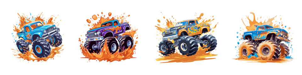 Cartoon monster truck set on a background of yellow and orange splashes. Vector illustration. - obrazy, fototapety, plakaty
