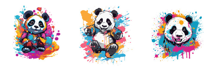 Panda with colorful splashes on a white background. Vector illustration.