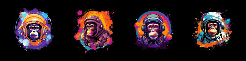 Monkey in astronaut helmet. Colorful vector illustration on black background.