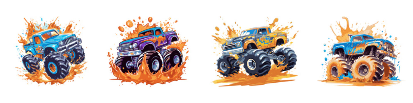 Cartoon monster truck set on a background of yellow and orange splashes. Vector illustration.
