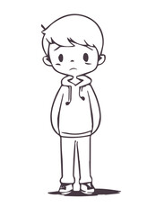 Silhouette of little boy with a worried face standing and looking at camera isolate on white background. Concept of maladjusted children, social problems, shyness...