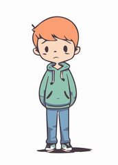 Little boy with a worried face standing and looking at camera isolate on white background. Concept of maladjusted children, social problems, shyness...