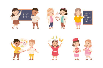 Little Boy and Girl Learning Lesson and School Subject Vector Set