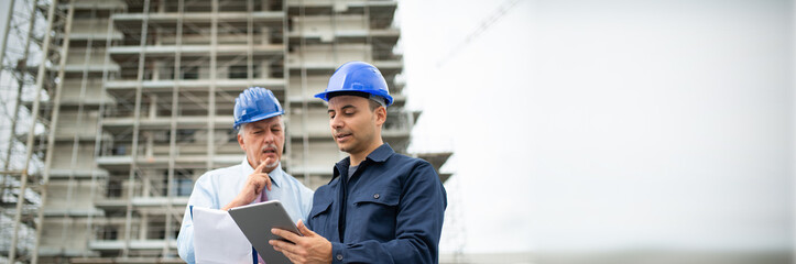 Architect and site manager using a tablet