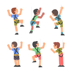 Little Boy Climbing Steep Rock or Wall with Harness Rope Engaged in Bouldering Training Vector Set