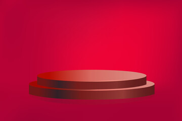 Red podium 3d product. Cylinder pedestal. Dark red minimal wall scene for cosmetics product display presentation. 
