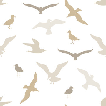 Seagulls seamless pattern. Vector background with silhouettes of sea birds in different poses.