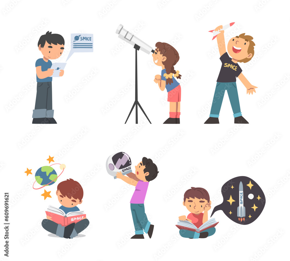 Aufkleber children characters studying space and galaxy dreaming of being astronaut and playing with spacecraf