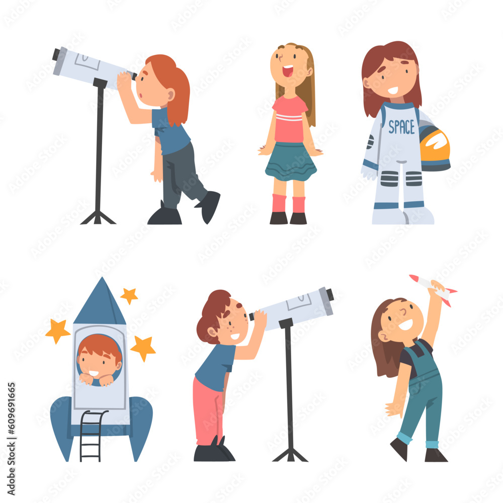 Poster children characters studying space and galaxy dreaming of being astronaut and playing with spacecraf