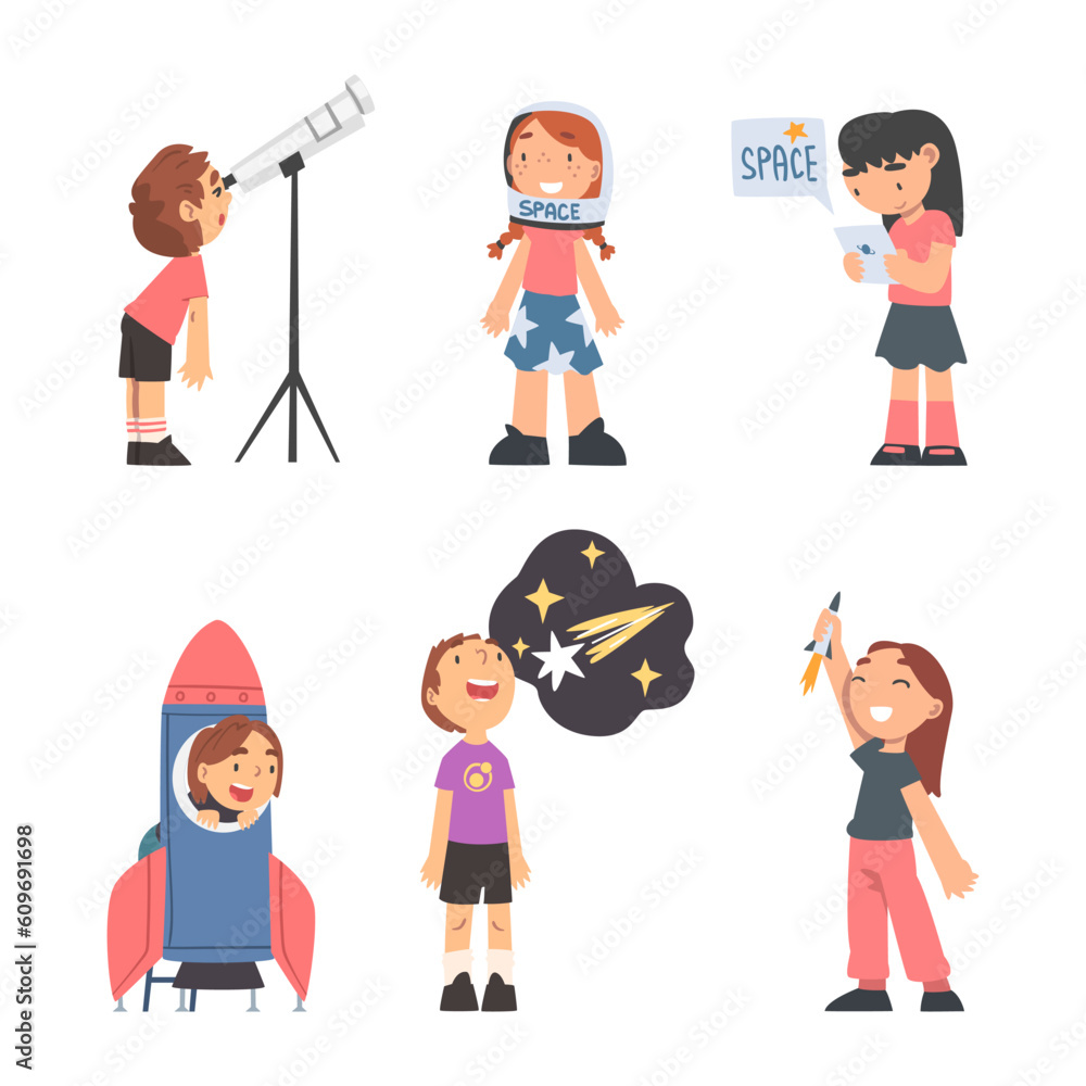 Aufkleber children characters studying space and galaxy dreaming of being astronaut and playing with spacecraf