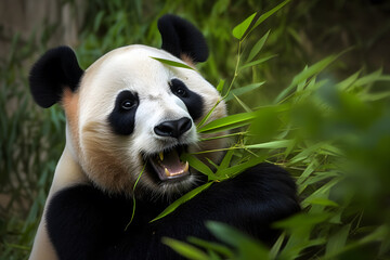 Fototapeta premium Panda eating bamboo leaves, Generative AI