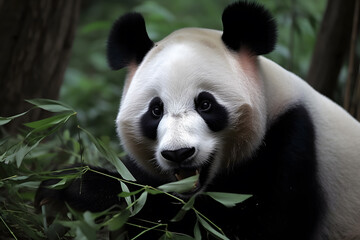 Naklejka premium Panda eating bamboo leaves, Generative AI