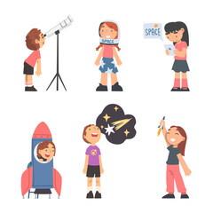Children Characters Studying Space and Galaxy Dreaming of Being Astronaut and Playing with Spacecraft Vector Set