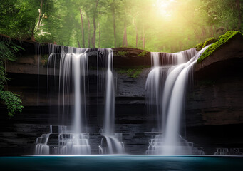 The landscape of the naturally beautiful waterfall in the forest. Generative Ai