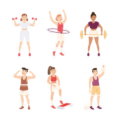 Young Male and Female in Athletic Wear at Gym Doing Physical Exercise and Workout Vector Illustration Set