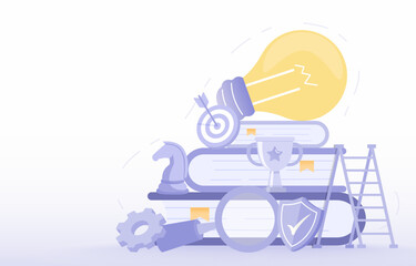 Business ideas concept. Creativity, strategy thinking, planning, learning, opportunity and data analyzing to create innovative and successful business ideas. Flat vector illustration with copy space.