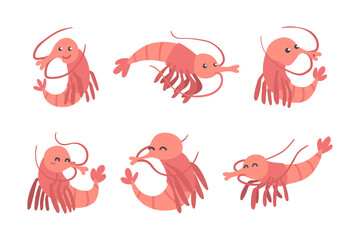 Shrimp Character as Aquatic Mammal with Funny Face Vector Illustration Set