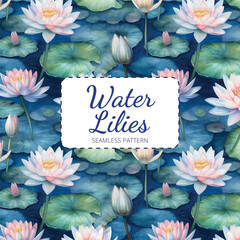 Water lilies in a pond seamless pattern