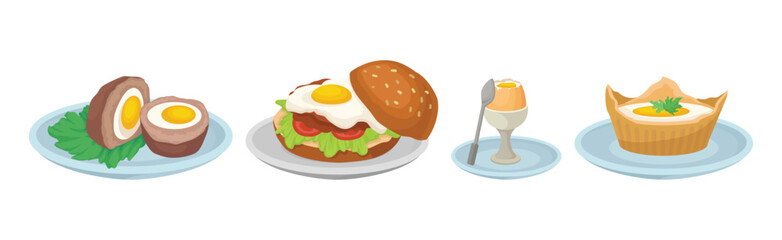 Tasty Dishes with Egg Ingredient Served Vector Set