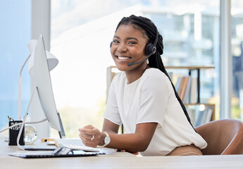 Customer service, portrait or happy black woman in call center tech support consulting for advice....