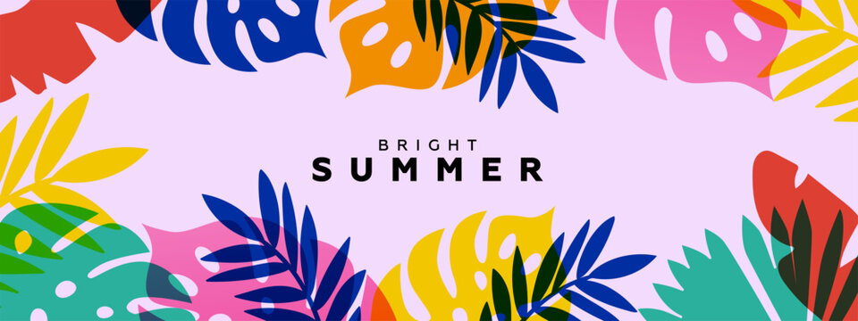 Summer background with bright abstract tropical leaves with overlay effect. Modern minimalist style design template for sales, horizontal poster, header, cover, social media, fashion ads