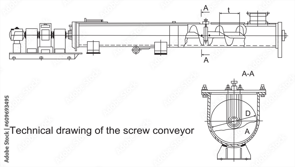 Poster vector mechanical drawing of the screw conveyor. engineering cad scheme. technical background.