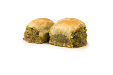 Turkish pistachio baklava isolated on white background.