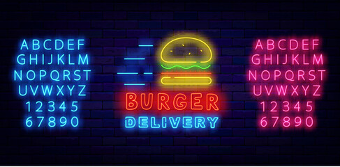 Burger delivery neon label. Gamburger icon. Catering service. Shiny sign. Editing text. Vector stock illustration