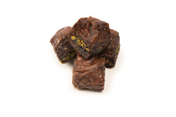 Turkish chocolate baklava isolated on white background.
