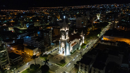 panoramic view of inner city with church at night