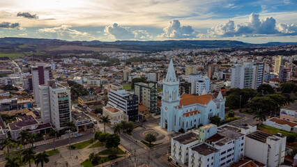 panoramic view of inner city with church and late afternoon light