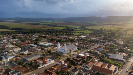 panoramic view of inner city with church and late afternoon light
