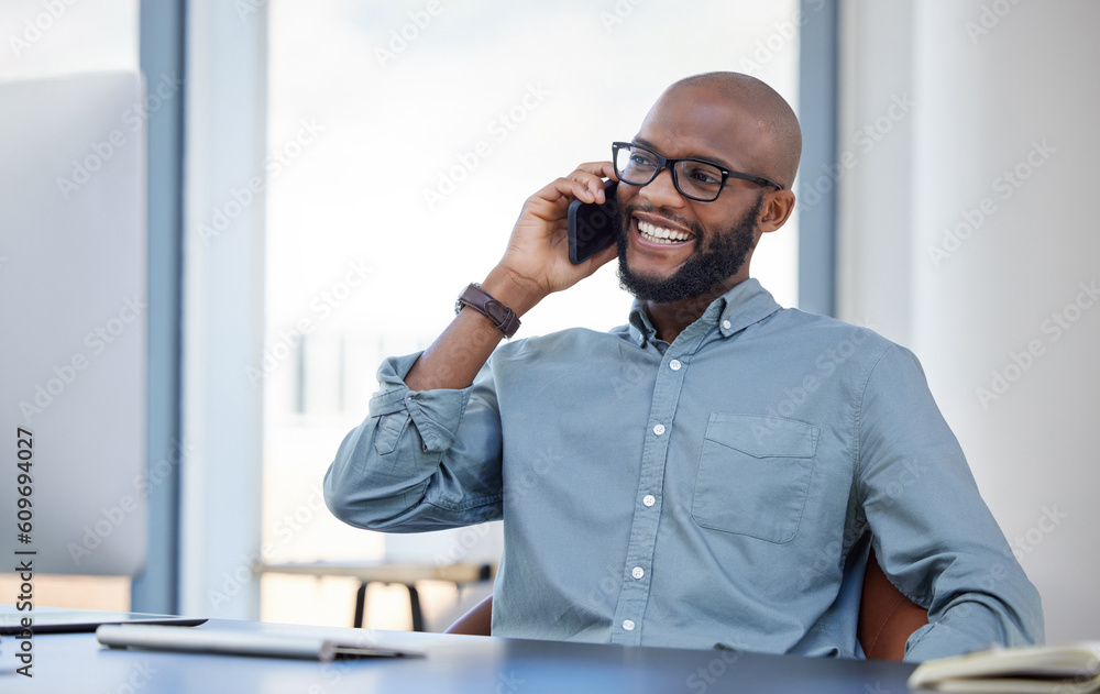 Poster happy, businessman with smartphone and on a phone call at his desk with computer in workplace office