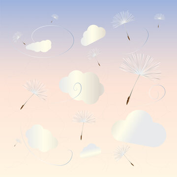 Flying dandelion fluffs between the clouds.