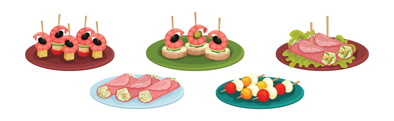 Tasty Food and Appetizer Served on Plate Vector Set