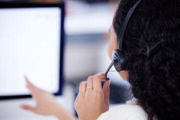 Back, call center and business woman on computer for telemarketing, customer service and mockup screen. Contact us, crm and female sales agent, professional or consultant listening with microphone.