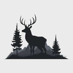 Deer silhouette. Logo design. Mountains and forest. Vector illustration