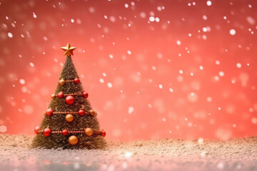 Winter decorated Christmas tree on a red and gold background with snow. Christmas card. Merry christmas and New Year.Generative AI