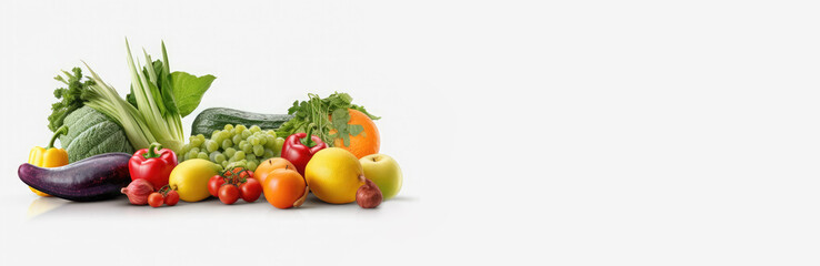 Fototapeta na wymiar Ripe fresh vegetables and fruits on a white background. Harvest concept, healthy food.Copy space for text.Banner.Generative AI.Generative AI