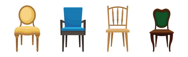Colorful Upholstered and Wooden Chair as Furniture Items Vector Set