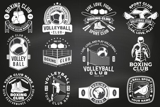 Set of Boxing club and Volleyball club badge, logo design on chalkboard. Vector. Vintage monochrome label, sticker with volleyball ball, player, referee whistle, Boxer, gloves, boxing jump rope and