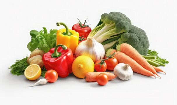 Ripe fresh vegetables on a white background. The concept of harvest, healthy food.Copy space for text.Generative AI