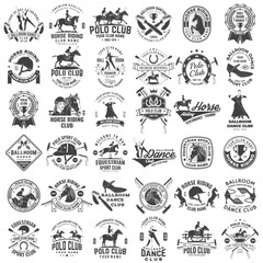 Set of Ballroom dance, polo and horse riding club sport club logos, badges design. Vector illustration. Sport sticker with equestrian, rider, helmet and horse, shoes for ballroom dancing, man and