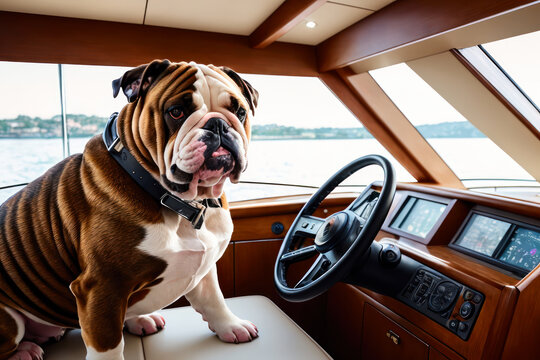 Digital photo of a cute English bulldog  in a captain's cap at the helm of a a luxury yacht on a sunny day. Wildlife imagery, the concept of ecological environment. Generative AI