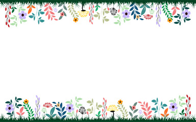 Colorful Spring and Summer Floral Frame Vector with Grass Border on White Background Vector Design