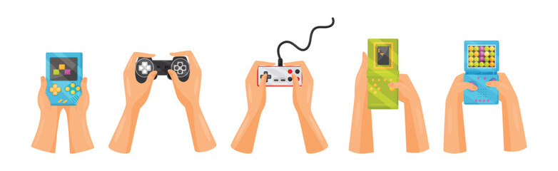 Hands Holding Gamepads or Controller Playing Video Game Vector Set © Happypictures
