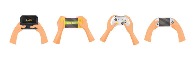 Hands Holding Gamepads or Controller Playing Video Game Vector Set © Happypictures
