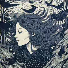 Woman surrounded with birds fantasy lino print cut Illustration profile view generative ai