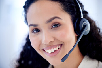 Face, call center and woman smile for telemarketing, customer service and support. Contact us,...